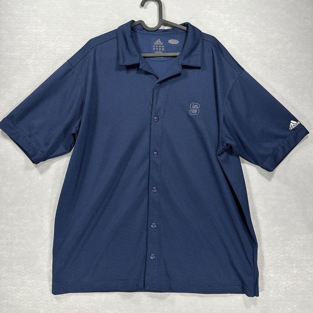 NC State Men’s L Adidas Climalite Navy Blue Waffle Pattern‎ Full Button Shirt